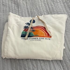 Life Is Good Cream Hoodie with Sunset Graphic